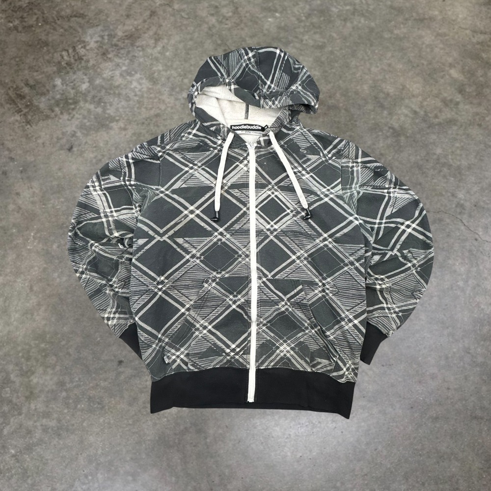 Hoodie Buddie Mens Medium Plaid‎ Zip Up Hoodie Black White Y2K Skater 0331